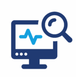 icon for data hub, showing a computer screen with a data symbol under a magnifying glass